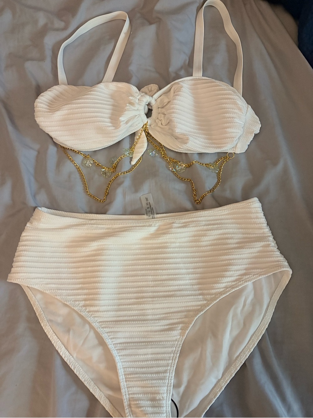SHEIN White Ribbed High Waisted Bikini with Gold Chain Detail